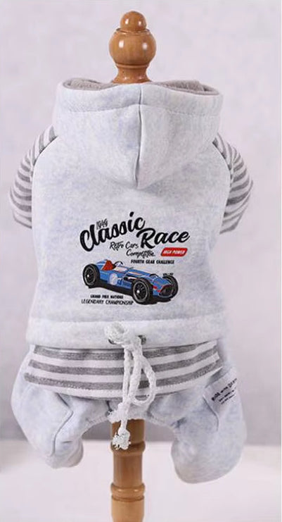 Fleece Jumpsuit for Dogs, Warm Overalls for Dogs, Classic Race Stripe, Teddy, Chihuahua, Winter Dog Clothes, Fleece Hood, XS-2XL