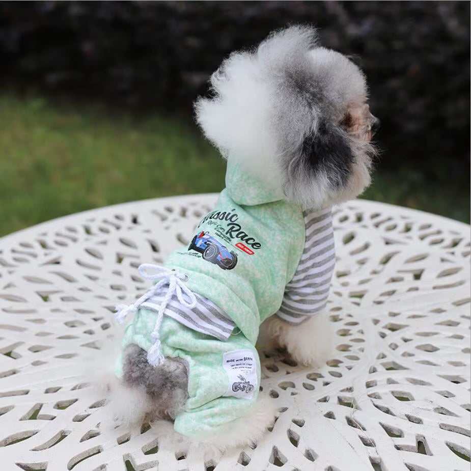 Fleece Jumpsuit for Dogs, Warm Overalls for Dogs, Classic Race Stripe, Teddy, Chihuahua, Winter Dog Clothes, Fleece Hood, XS-2XL