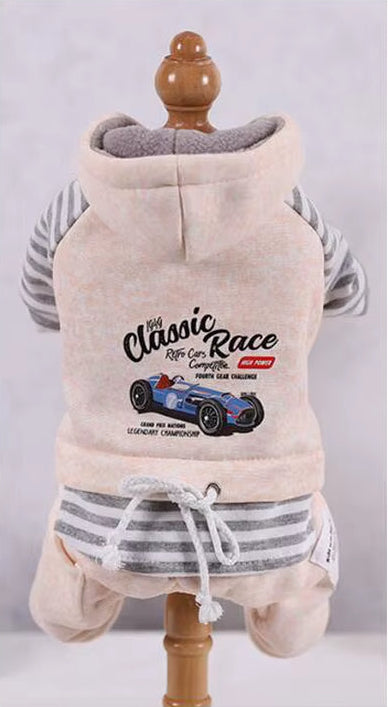 Fleece Jumpsuit for Dogs, Warm Overalls for Dogs, Classic Race Stripe, Teddy, Chihuahua, Winter Dog Clothes, Fleece Hood, XS-2XL