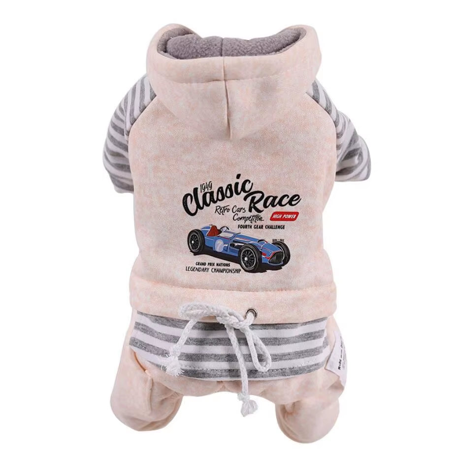 Fleece Jumpsuit for Dogs, Warm Overalls for Dogs, Classic Race Stripe, Teddy, Chihuahua, Winter Dog Clothes, Fleece Hood, XS-2XL